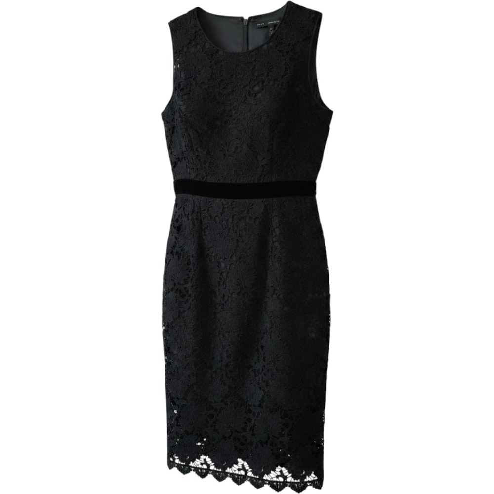 White House Black Market Lace Sheath Dress Women 6 Black Excellent Velvet Trim
